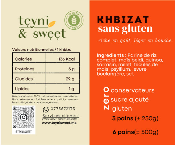 Étiquette nutritionnelle Khbizat sans gluten Teyni & Sweet, ingrédients naturels, valeurs nutritionnelles et mentions sans gluten, sans sucre ajouté.