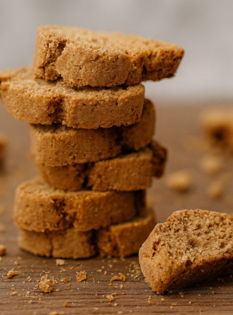 Gros plan de fekkas sans gluten à l’anis et sésame — biscuits empilés avec texture croquante visible et miettes sur surface bois.