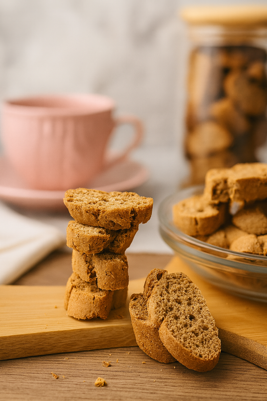 Fekkas sans gluten tranchés, texture croquante, présentés sur une planche en bois avec une tasse de thé en arrière-plan.