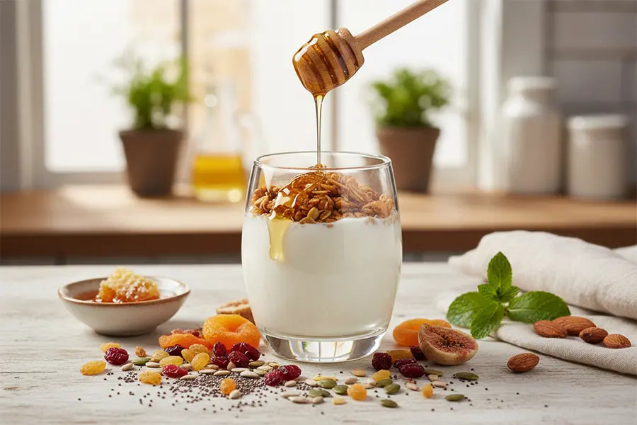 Un verre de yaourt surmonté de granola, entouré de fruits secs, de graines et de miel, présenté dans une mise en scène lumineuse et naturelle sur un plan de travail clair.