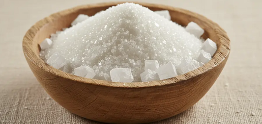 Sucre raffiné blanc en cristaux et en morceaux dans un bol en bois, ingrédient alimentaire couramment utilisé dans les produits industriels.