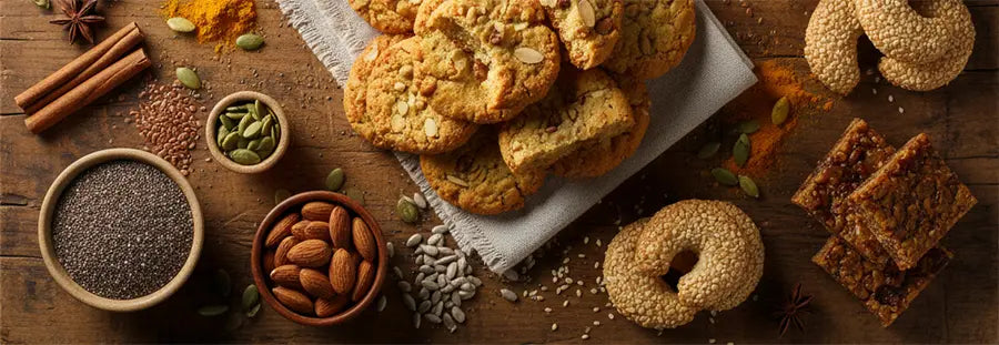 Sugar-free healthy snacks made with nuts, seeds, and whole ingredients, displayed on a wooden table in Morocco.