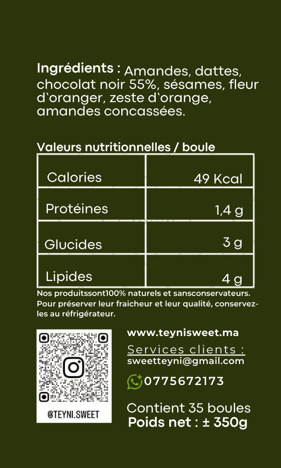 Étiquette nutritionnelle des energy balls vitalité Teyni & Sweet indiquant ingrédients naturels, valeurs nutritionnelles et format 35 pièces.
