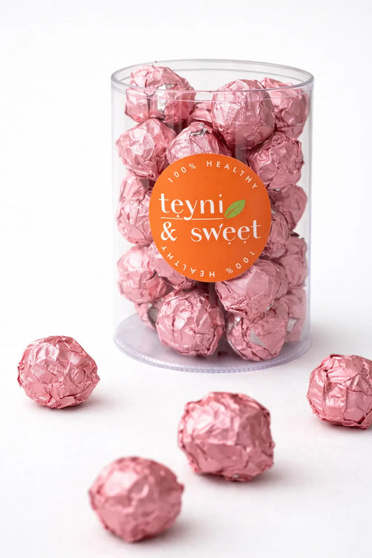 Boules d’énergie healthy emballées individuellement en papier aluminium roses, sans gluten, Teyni & Sweet.