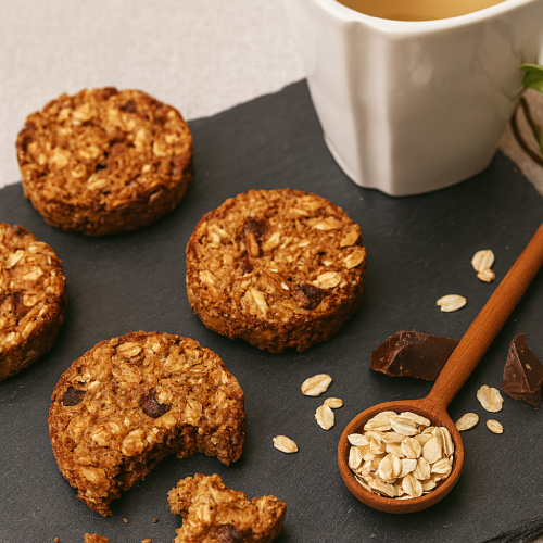 Cookies healthy à l’avoine, chocolat noir et amandes Teyni & Sweet, disposés sur une ardoise avec flocons d’avoine et morceaux de chocolat.