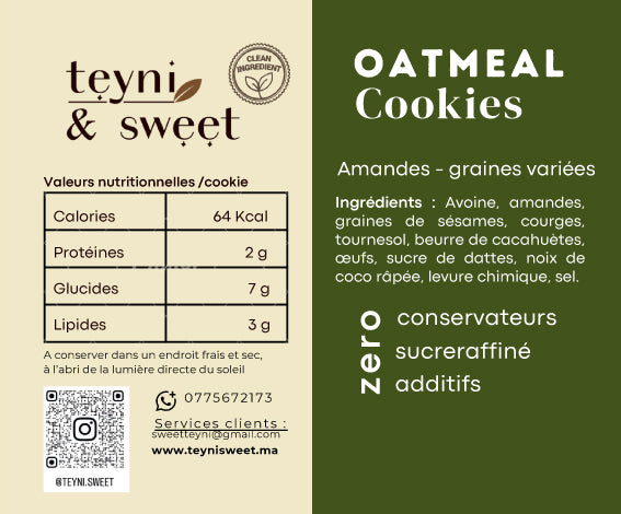 Étiquette nutritionnelle des cookies healthy amandes et graines Teyni & Sweet, indiquant ingrédients, valeurs nutritionnelles par cookie et mentions sans sucre raffiné, sans conservateurs et sans additifs.