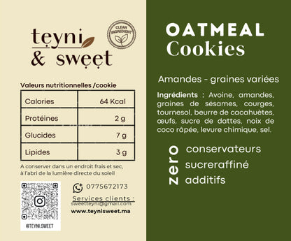 Étiquette nutritionnelle des cookies healthy amandes et graines Teyni & Sweet, indiquant ingrédients, valeurs nutritionnelles par cookie et mentions sans sucre raffiné, sans conservateurs et sans additifs.