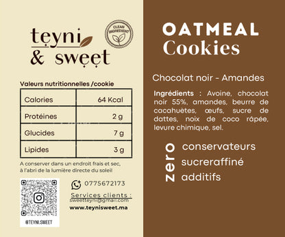 Étiquette nutritionnelle des cookies healthy chocolat noir et amandes Teyni & Sweet, avec liste d’ingrédients, valeurs nutritionnelles par cookie et mentions sans sucre raffiné, sans conservateurs et sans additifs.