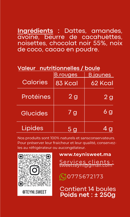 Étiquette rouge des boules d’énergie Teyni & Sweet avec ingrédients, valeurs nutritionnelles et informations de contact.