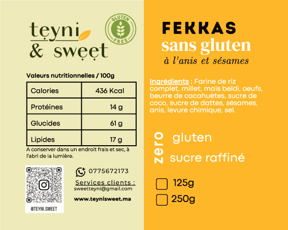 Étiquette des fekkas sans gluten à l’anis et sésames Teyni & Sweet — tableau nutritionnel, liste des ingrédients, mention zéro gluten et sucre raffiné, formats 125g et 250g.