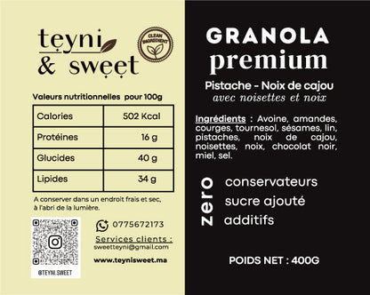 Étiquette nutritionnelle du granola premium pistache noix de cajou Teyni & Sweet