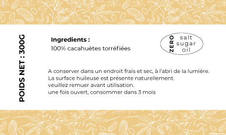 Étiquette ingrédients du beurre de cacahuète Teyni & Sweet indiquant “100% cacahuètes torréfiées”, sans sucre, sans sel et sans huile.