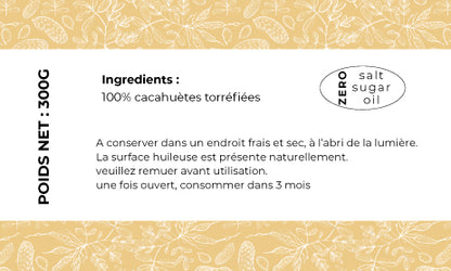 Étiquette ingrédients du beurre de cacahuète Teyni & Sweet indiquant “100% cacahuètes torréfiées”, sans sucre, sans sel et sans huile.