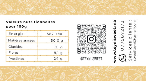 Tableau des valeurs nutritionnelles du beurre de cacahuète Teyni & Sweet pour 100 g, indiquant énergie, lipides, glucides, fibres et protéines.