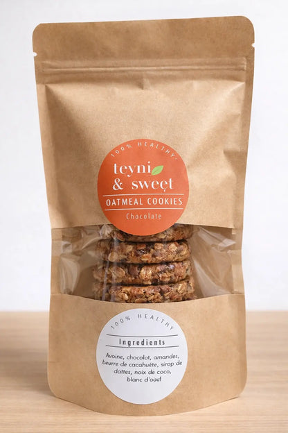 Sachet de cookies healthy à l’avoine, amandes et graines variées Teyni & Sweet, emballage kraft avec fenêtre transparente laissant apparaître les cookies artisanaux.