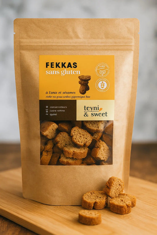 Sachet de fekkas sans gluten à l’anis et sésame Teyni & Sweet sur planche en bois, avec anis étoilé et graines de sésame.