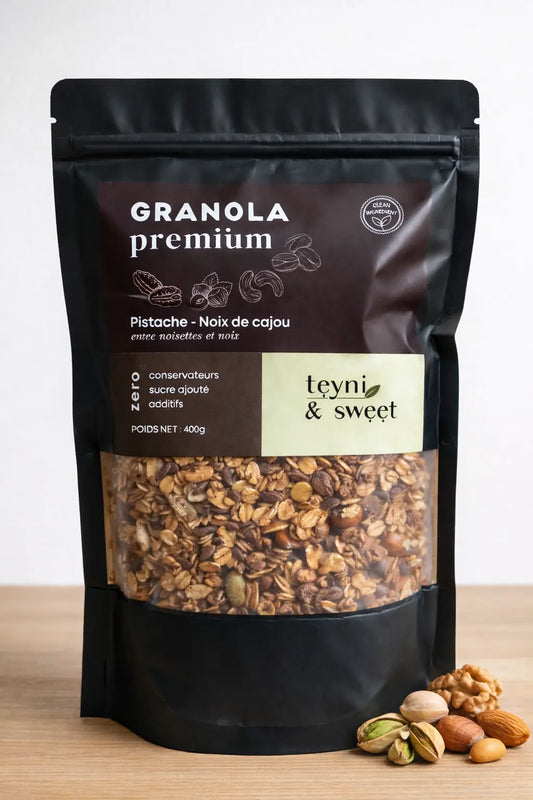 Granola Premium aux 5 Noix & Chocolat Noir – Pistache, Cajou, Amande, Noix & Noisette – 400 g (غرانولا بجودة عالية)